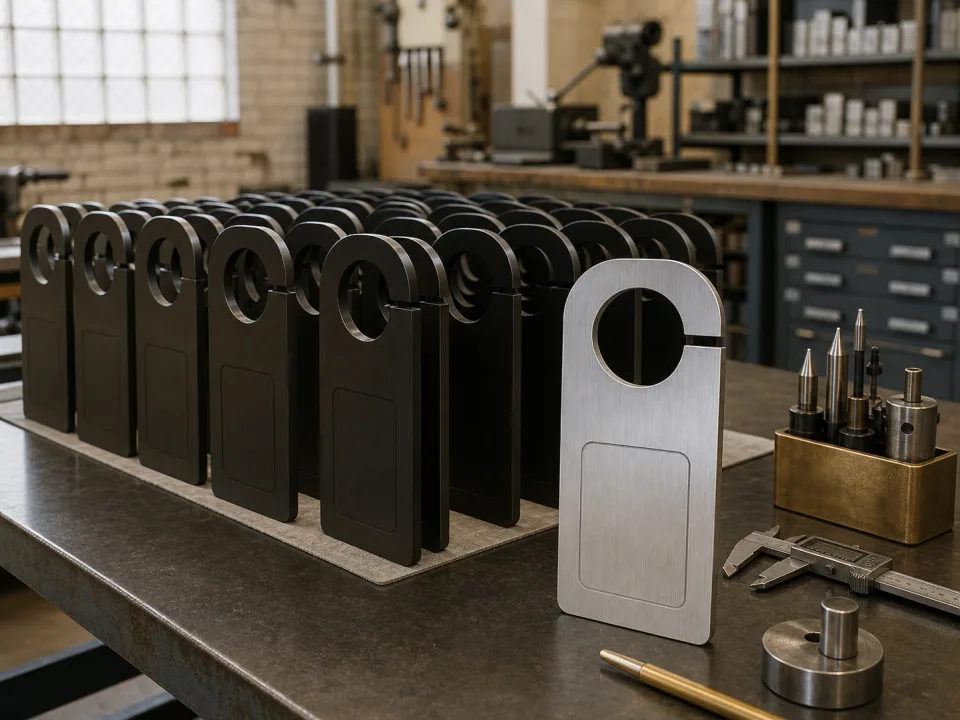 A repeat production run of precision metal-finished door hangers