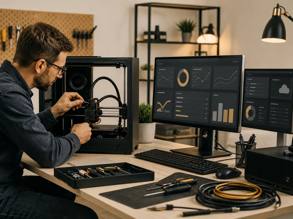 A technician servicing a 3D printer beside a computer workstation