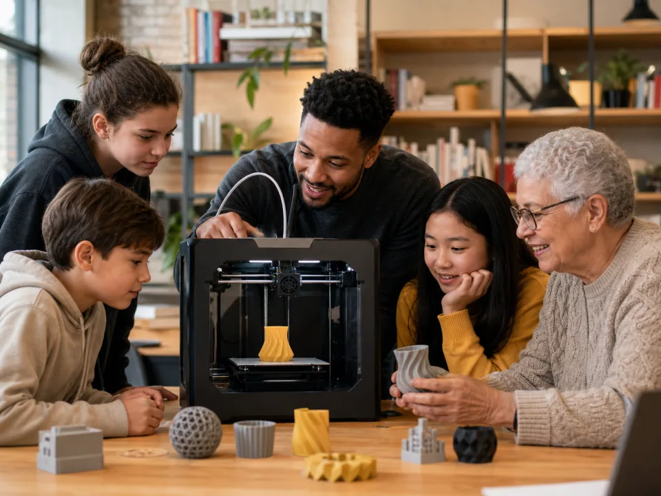 An all-ages group learning about 3D printing in a makerspace